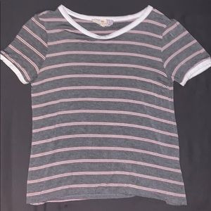 Gray shirt with pink and white stripes